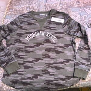 Michigan State University camo sweatshirt.